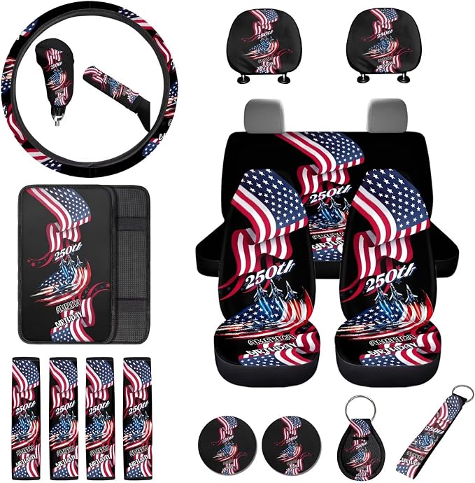 American Flag Print Car Seat Cover Full Set 250 Years Theme Bucket Seat Covers for Car Front Back Seats with Headrest Covers Steering Wheel Cover Safety Belt Pads Cup Coasters