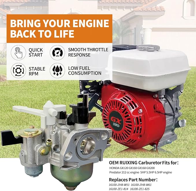 Ruixing OEM GX160 GX200 Carburetor for Honda GX120 GX140 GX160 GX168 GX200 5HP 5.5 hp 6.5HP Engine Predator 212cc Carb 196cc 163cc OHV 224cc Engine