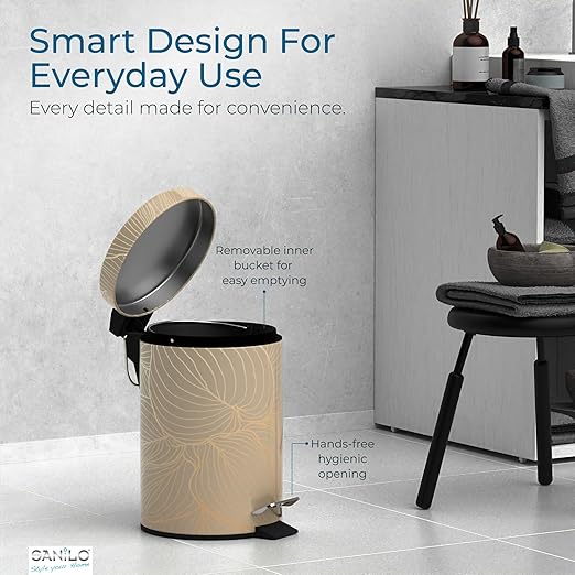 Sanilo Small Bathroom Trash Can with Lid [1.3 Gallon] - Lidded Tiny Trashcan for Garbage - Mini Metal Bin with Soft Closing Mechanism - Bath Room Accessoire Wastebin with Inner Bucket (Hosta)