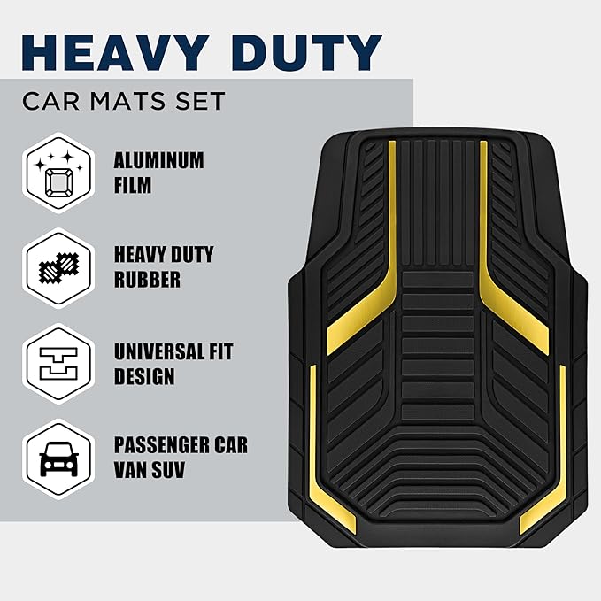 PIC AUTO Heavy Duty Rubber Floor Mats, Yellow Aluminum Film Car Mats Set, Front and Rear Car Mats with Anti-Slip Backing, All Weather Protection, Trim-to-Fit for Automotive SUV, Sedan, Van