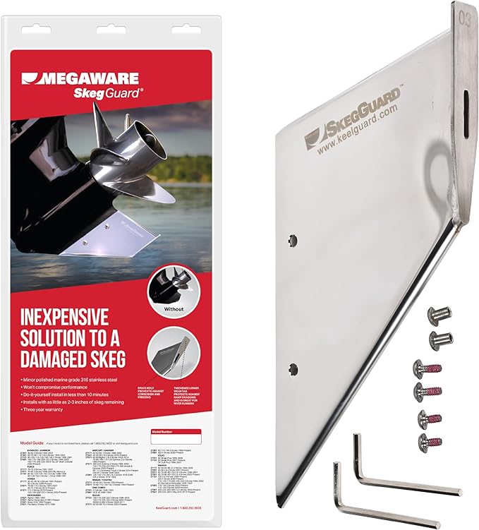 MEGAWARE KEELGUARD 27261 SKEGGUARD Fix Broken Motor Skeg, Prevent Damage | Protects skeg from wear and minor impacts, restores function to damaged or broken skegs, 316-Stainless steel with drain