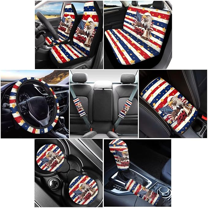 Wanyint 12 PCS Car Seat Cover Set, with Steering Wheel Seatbelt Strap Armrest Pad Handbrake Gear Shift Knob Cover Coasters US 250th Anniversary 4th of July Decor, American Flag Eagle Star Stripe