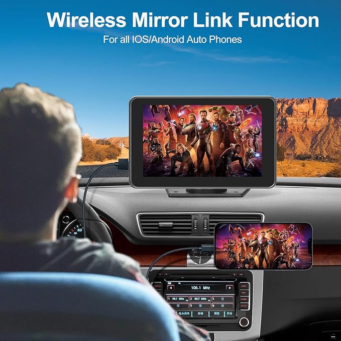 7" Wireless CarPlay Screen for Car - Apple CarPlay & Android Auto Portable Touch Screen with Backup Camera, Bluetooth, FM Transmitter, Voice Control for All Vehicles (Black)