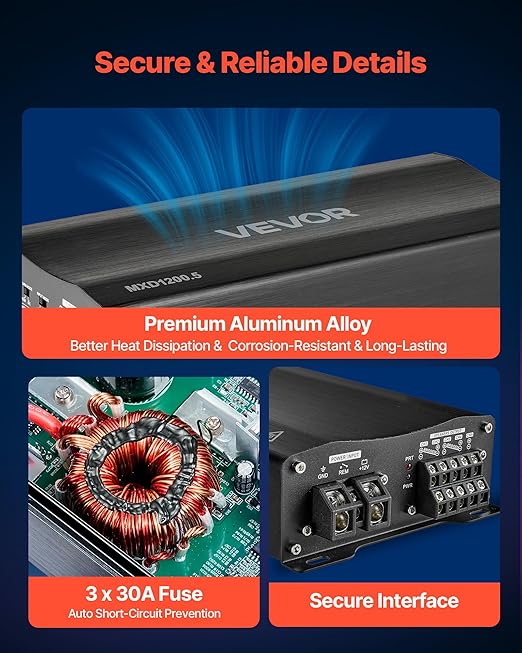 VEVOR 5 Channel Car Audio Amplifier Bridgeable Class D Full Range Amp Max Power 4 x 100W @ 4 Ohm / 4 x 200W @ 2 Ohm + Sub 1 x 500W @ 4 Ohm / 1 x 1000W @ 2 Ohm for Speakers & Subwoofer Vehicles