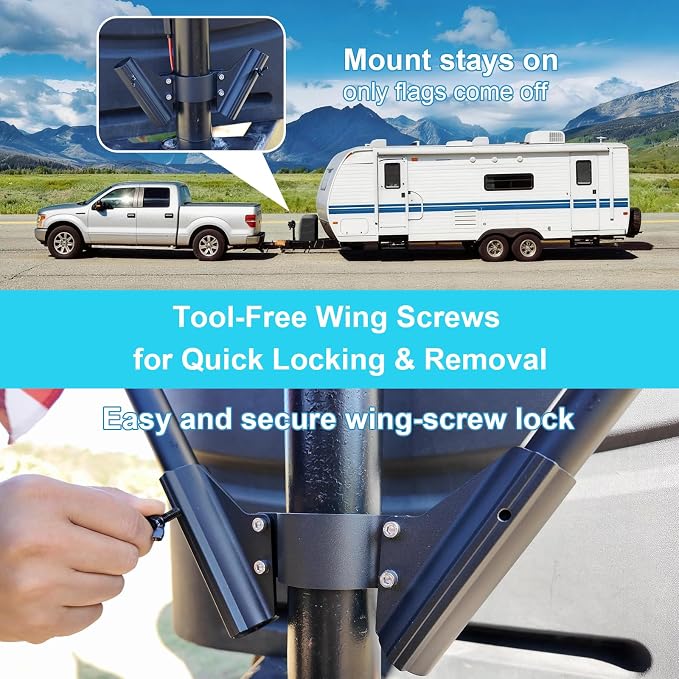 RV Dual Flag Pole Mount for 2" and 2¼" Tongue Jack, Heavy Duty Aluminum Camper Flagpole Holder Fit Double 1" Flag Pole Bracket, RV Trailer Essentials with Quick Lock Wing Screws, Drain Holes