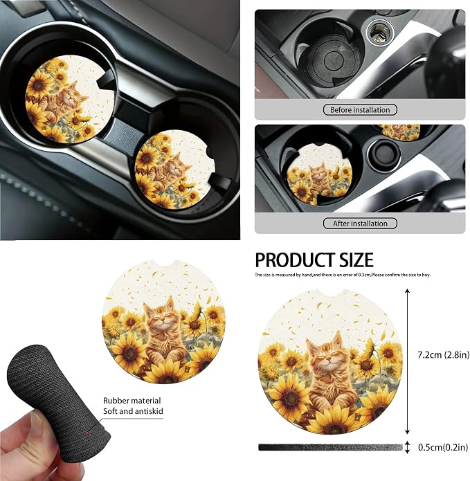 Cat Sunflower Print Car Seat Cover Full Set of 15 Seatbelt Strap Cover Garbage Cans Air Vent Storage Bag Coasters Rearview Mirror Covers Keychain Universal Fit