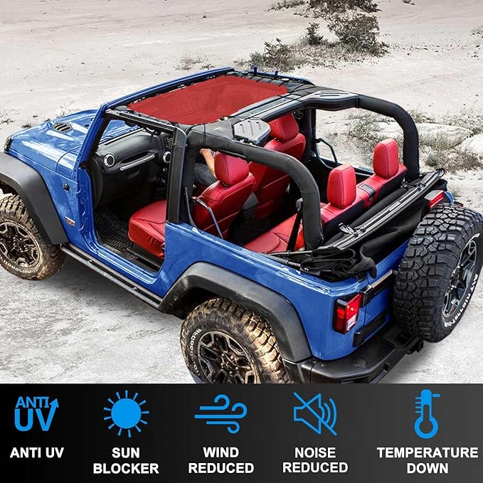 JK Sun Shade Top Compatible with Jeep Wrangler 4 Door 2007 to 2018 Sunshade Sunroof Bikini Cover Blocks UV Wind Noise Cherry Red Mesh for Front
