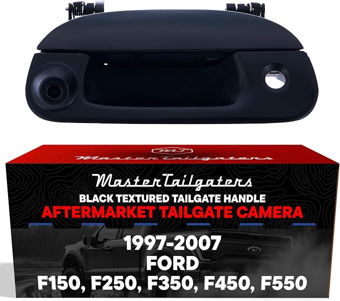 Master Tailgaters Black Tailgate Handle with Backup Camera Replacement for Ford F150, F250, F350, F450, F550 (1997-2007) | IP68 Waterproof | Parking Grid Lines Available | Easy to Install