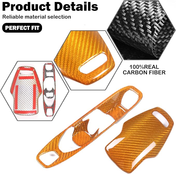 Set of 2 Genuine Carbon Fiber Gear Shift Panel Cover Trim for Corvette C8 2020-2025 Gear Shift Knob Head Protection&Console Gear Shift Button Panel P D Auto M Button Frame Accessories (Yellow)
