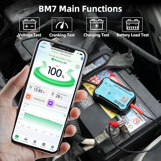 24V 12V 6V Bluetooth Battery Monitor BM7–Work for All Lead-Acid & Lithium Battery with Charging, Cranking System Test & Auto Alarm – Waterproof Voltmeter for Cars, Vans, Trucks, Motorcycles, Boats