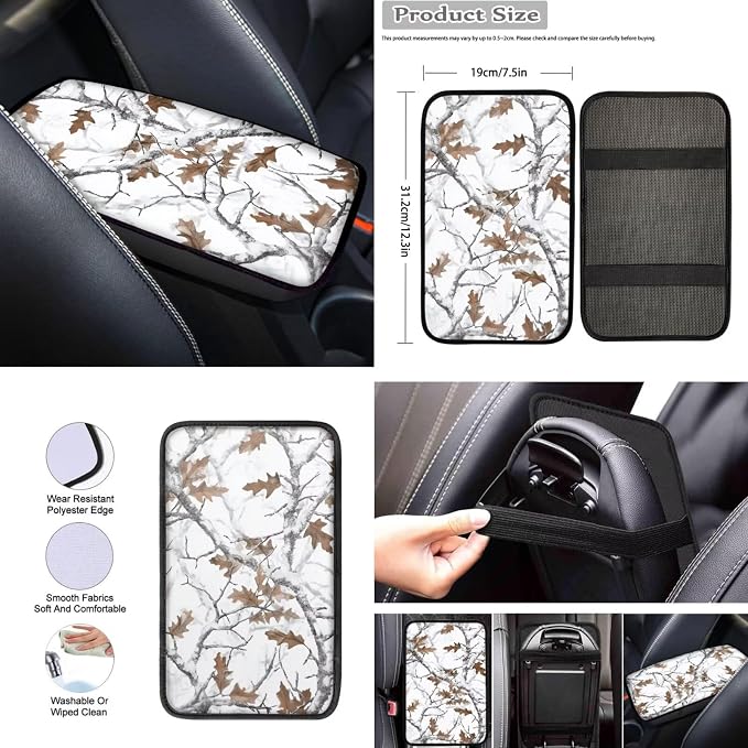 Howilath White Camo Hunting Forest Front Car Seat Covers Set with Interior Accessories Center Console Cover+Steering Wheel Cover+Seatbelt Pads+Keychain+Coasters Set of 10 Fit Sedan Truck Van