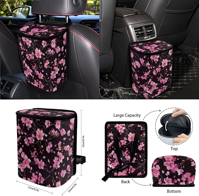 Cherry Blossom Pattern Car Accessories Set of 15, Front Rear Seat Covers Protector Steering Wheel Cover Seatbelt Cushion Trash Can Cup Holders Air Vent Storage Bag
