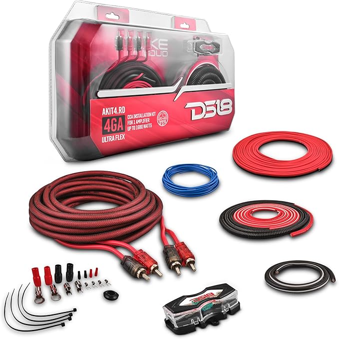DS18 AKIT4.RD 4-GA Amplifier Installation Kit Up to 1680 Watts RMS, Mini-ANL Fuse Holder, Speaker & RCA Cables, CCA Amplifier Wiring Kit, Ultra Flex Wire, Amp Wire Kit, Amp Wiring Kit 4 Gauge - Red