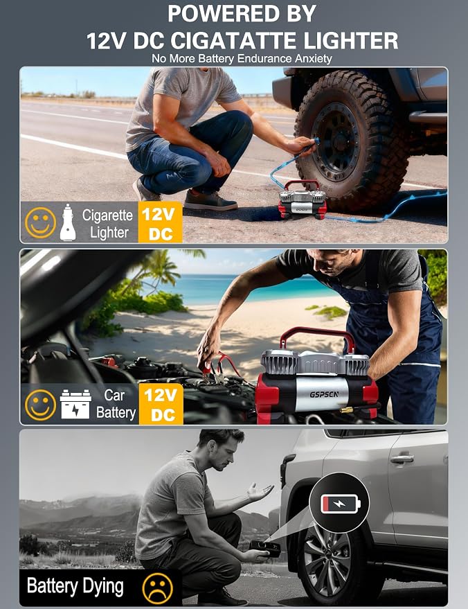 GSPSCN Digital Tire Inflator 12V Heavy Duty Metal Portable Air Compressor | 6X Faster Inflation Auto Shut-off Dual Cylinder Air Pump 150PSI LED Light w/Pencil Pressure Gauge for Car,Pickup,SUV,RV,Balls