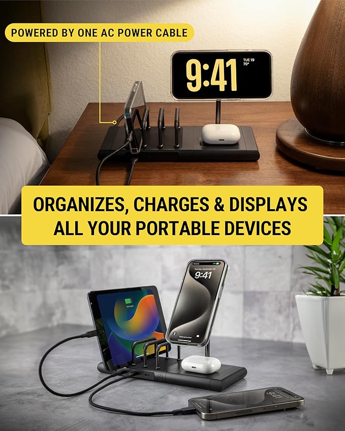 Scosche BaseLynx 2.0 Multi Charging Station with Qi2 15W Magnetic Wireless Charger Stand, 5W Charging pad for AirPods, 3-Port 60W USB-C Fast Charger Compatible with Apple iPhone, MagSafe, Samsung