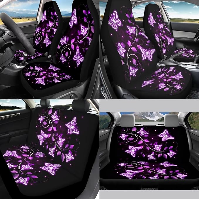 Purple Butterfly Car Seat Covers Full Set 12 Pack Car Steering Wheel Cover Auto Seat Belt Cover Center Console Cover Cars Coasters Gear Lever Cover for Most Cars, SUVs