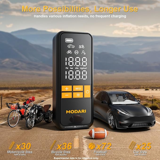 MODARI Tire Inflator Portable Air Compressor - 160 PSI Portable Tire Inflator for Car, Auto Shut-Off, Cordless Tire Inflators with Gauge for Car, Pickup, Bike and More, Black