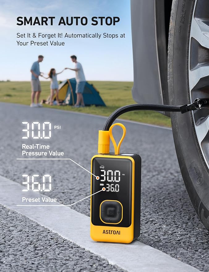 AstroAI L7 Air Tire Inflator Portable Air Compressor, 150PSI Electric Cordless Car Pump with Digital Gauge, Fast 1-Min Inflation, Auto Shutoff, LED Light for Car, SUV, Motorcycle & Bike Tires, Yellow