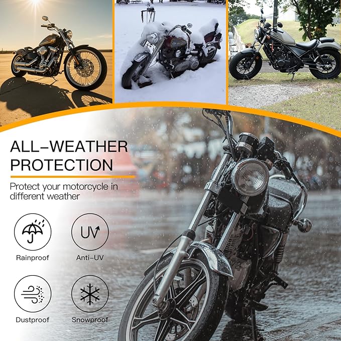 300D Heavy Duty Motorcycle Cover - All Season Waterproof Outdoor Protection with Lock-Holes, Night Reflective & Storage Bag Fits up to 108" Cruiser, Touring, Sportbike, Dirt Bike, Scooter