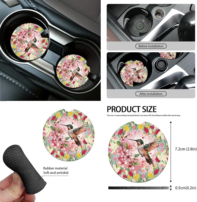 Hummingbird Tulip Floral Print Car Seat Cover Set of 15 Steering Wheel Cover Seatbelt Strap Pad Air Vent Storage Holder Trash Cans Rear View Mirror Cover Coasters Key Chain