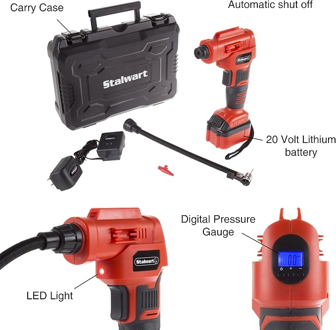 Automatic Air Compressor with 20V Lithium Battery-Cordless Tire Inflator for Car, Bike, Sports Equipment and More-Carrying Case Included by Stalwart