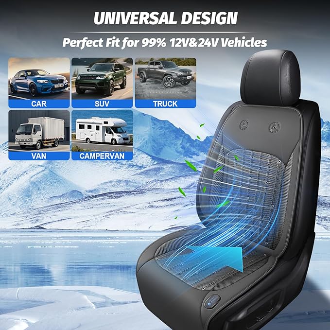 Cooling Car Seat Cover with 2 Powerful Turbo Fans, 12V-24V Ventilated Cooling Car Seat Cushion, 3-Speed Adjustable Breathable Cooling Seat Cover for Car SUV Truck Universal Fit (Grey 2)