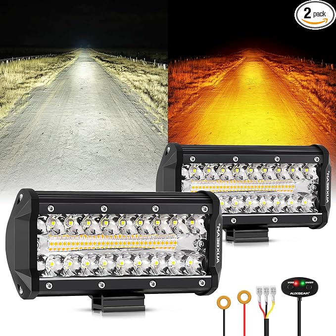 Auxbeam 6 Modes Amber White Series 7-Inch 300W LED Pods Light Bar | Spot flood combo, Dual color, Flashing strobe lights, Memory function, Truck fog lights, for Jeep car motorcycle ATV