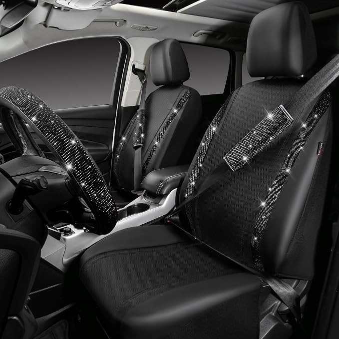 CAR PASS Diamond Bling Leather Seat Covers Set Car Floor Mats Glitter Rhinestone Steering Wheel and Car Interior Accessory Set for Women Black