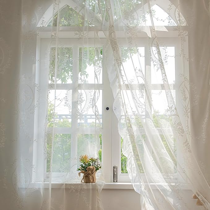 Sutuo Home Ivory Lace Curtains for Bedroom Living Room 72 Inches Long, Vintage Embroidered Floral Rose Sheer Curtains, Privacy Farmhouse Windows Treatment Pair, Rod Pocket, W57 x L72
