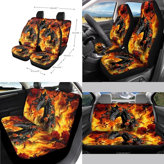 Horse Rose Print Car Interior Cover Set of 14 Fire Print Front and Rear Split Bench Seat Covers with Steering Wheel Cover Center Console Pad Safety Belt Pads for SUV Truck Sedan