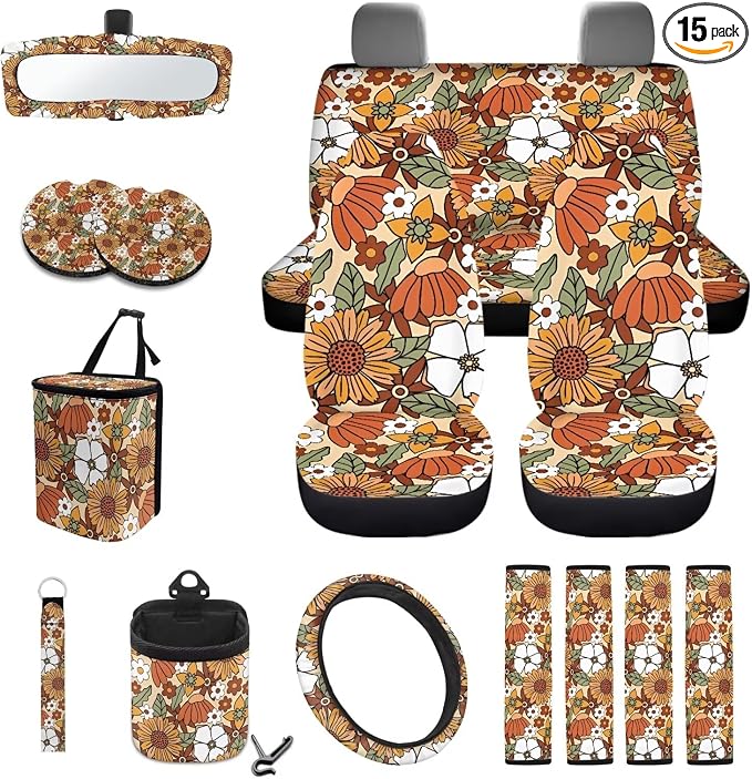 Vintage Sunflower Daisy Print Car Seat Covers 15Pcs Full Set Car Steering Wheel Cover Seat Belt Cover Trash Bin Air Vent Storage Box Rear View Mirror Car Cup Holder Keychain
