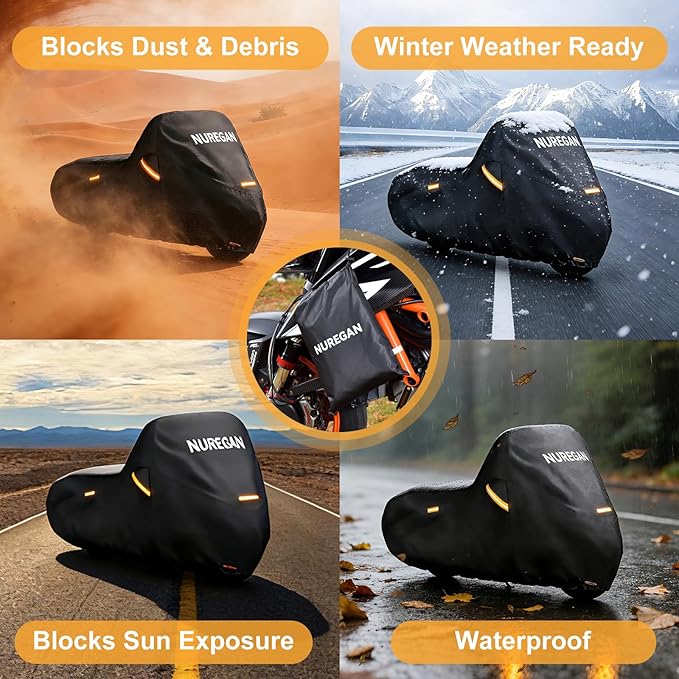 Motorcycle Cover Waterproof Outdoor, Universal Fit for Most Scooter Cover, Sportbike, Off-Road, eBike & Moped Cover Storage (86.6 Inch), All Season Protection with See-Through License Panel