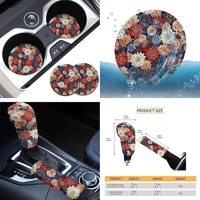 Tupalatus 9 Pieces Bohemian Flower Car Seat Covers 2 Front Seats Universal Fit Steering Wheel Cover Auto Seat Belt Cover Coasters Gear Shift Cover Hand Brake Cover Car Interior Accessories