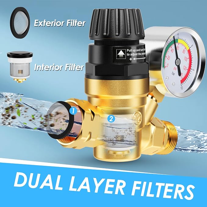 RV Water Pressure Regulator Valve, Brass Lead-Free Adjustable Water Pressure Reducer with Gauge and Inlet Filter for RV Camper and Travel Trailer