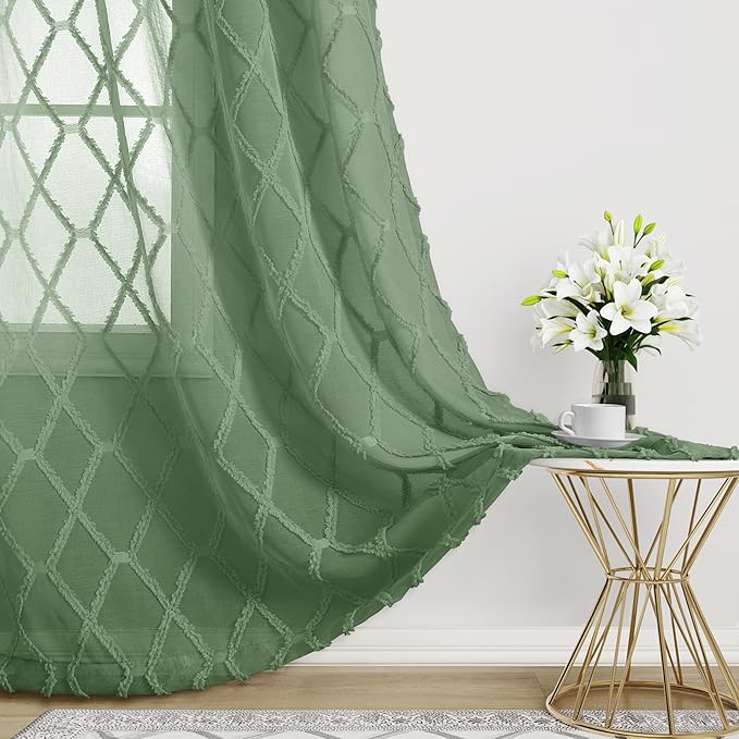 Hokibero Olive Green Sheer Curtains 96 Inches Long for Living Room with Fluffy Tufted Diamond Patterned Window Curtain for Bedroom Home Decor Set of 2 Pieces, Farmhouse Boho Decor 52x96 Inch Length