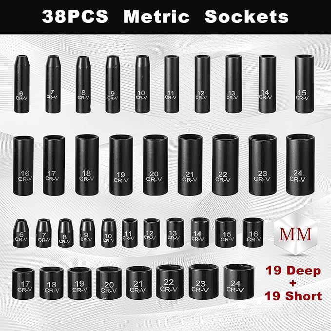 ALOANES 3/8 Red Magnetic Socket Organizer and 64-Piece 3/8" Drive Socket Set, SAE (5/16"-1") & Metric (6mm-24mm)