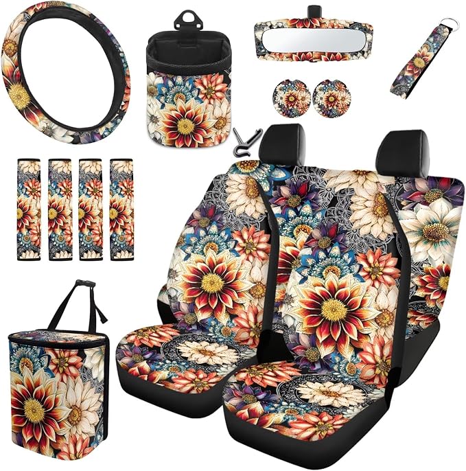 Dreaweet Mandala Lotus Car Seat Covers Full Set for Women Flower Car Accessories Interior with Steering Wheel Covers Seatbelt Covers Coaster Trash Can Air Vent Holder Rear View Mirror Cover Keychain