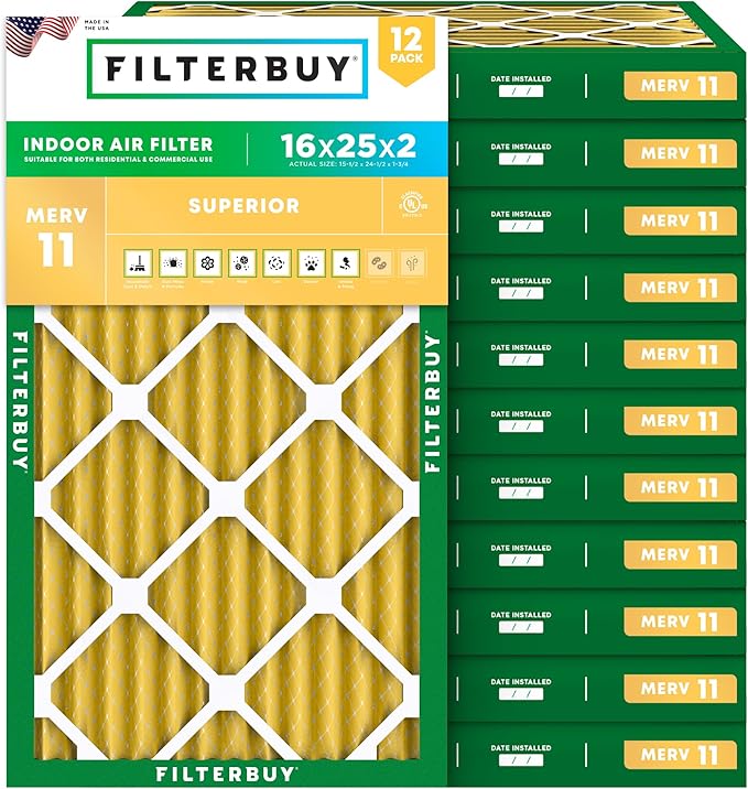 Filterbuy 16x25x2 Air Filter MERV 11 Superior Pet & Allergy Defense (12-Pack), Electrostatic Pleated HVAC AC Furnace Filters Replacement (Actual Size: 15.50 x 24.50 x 1.75)
