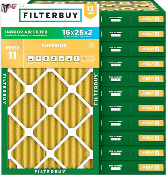 Filterbuy 16x25x2 Air Filter MERV 11 Superior Pet & Allergy Defense (12-Pack), Electrostatic Pleated HVAC AC Furnace Filters Replacement (Actual Size: 15.50 x 24.50 x 1.75)