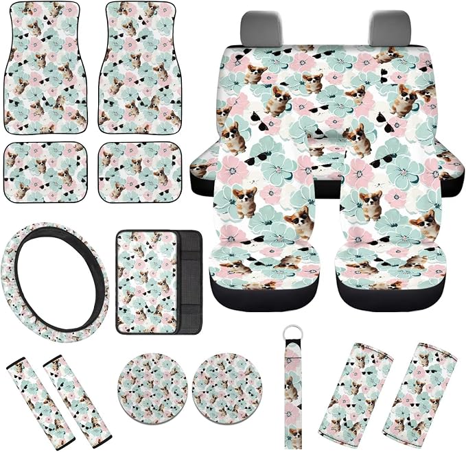 Cute Dog Flower 17 Pcs Car Accessories Seat Covers Full Set Steering Wheel Cover Floor Mats Center Console Pad Cup Holders Seat Belt Pads for Women Men Car Interior Decor