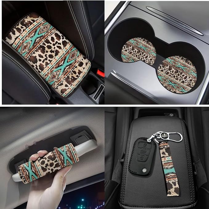 17 Pcs Aztec Cow Print Car Seat Covers Full Set with Floor Mats Steering Wheel Cover Shoulder Pads Armrest Pad Keychain Roof Gloves Cup Coaster Universal