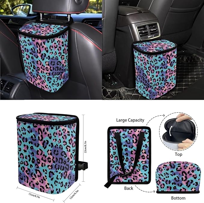 Colorful Leopard Car Seat Covers Full Set 15 Pcs Universal Car Accessories Steering Wheel Cover Seat Belt Pads Garbage Bag Car Headrest Pillow Covers Armrest Pad