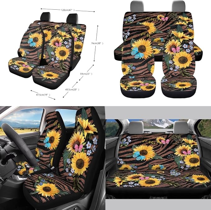 Sunflower Butterfly Stripe Print 10 Pcs Car Accessories, Car Front and Rear Seat Covers Full Set Steering Wheel Cover Air Vent Pounch Box Car Rubbish Bin Cup Coasters Keychain for Women Men