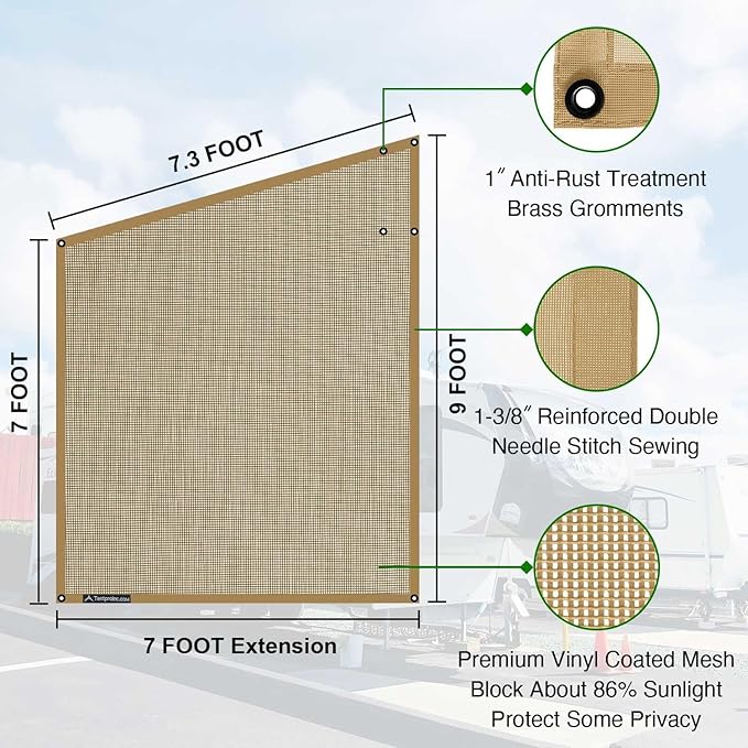 Tentproinc RV Awning Side Shade Screen 9'X7' - Beige Mesh Screen Sunshade Complete Kits Camping Trailer Canopy UV Sun Blocker - 3 Year Warranty