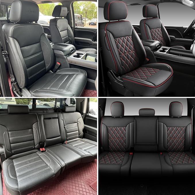 Custom Napa Leather Seat Covers for Chevy Silverado & GMC Sierra Crew Cab, 46-Split Flat Rear Bench Design, Compatible with 2019-2026 1500 and 2020-2026 2500HD 3500HD(Full Set, Black&Red)