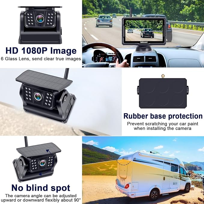 Wireless Backup Camera Solar Magnetic: Portable Cordless Scratch-Proof Truck Trailer Hitch Rear View Camera HD 1080P No Wiring No Drilling Rechargeable 5'' Monitor Kit for Car RV Camper - DoHonest R50