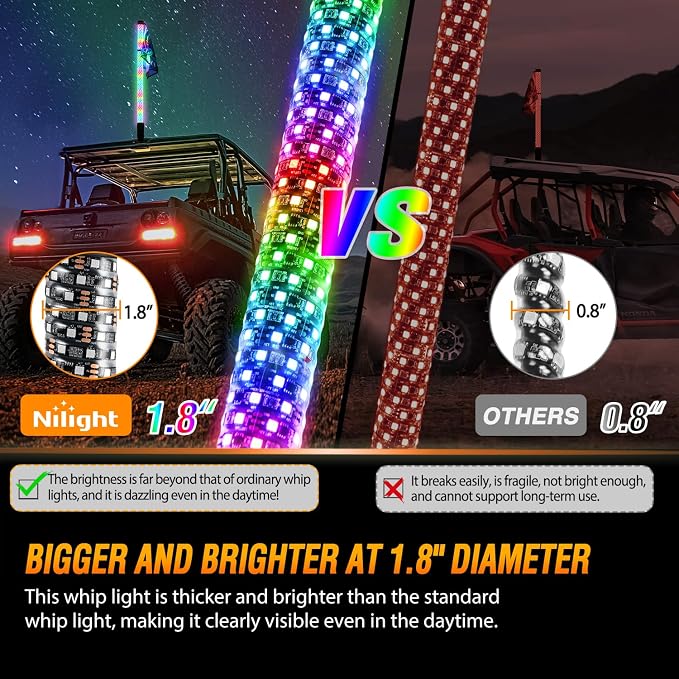 Nilight LED Fat Whip Light 1PC 3FT RGB Lighted Antenna Whips with Remote & App Control DIY Chasing Patterns Brake Reverse Lights for ATV UTV Polaris RZR Can-am Dune Buggy Pickup Trucks Jeep