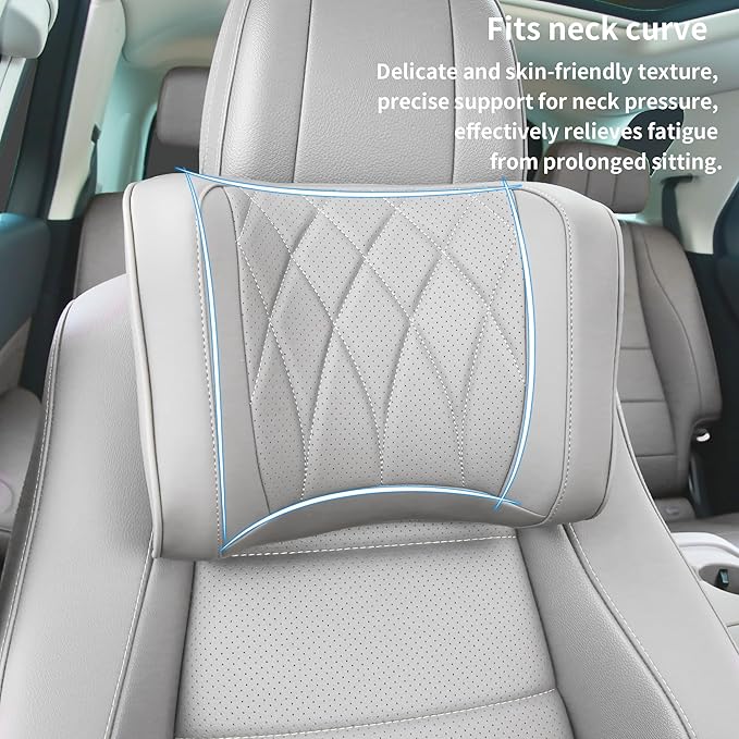 Car Headrest Pillow U-Shaped, Memory Foam Head Neck Support Cushion for Driving, Leather Head Rest Travel Pillows for Sleeping, Breathable Removable Cover, Gray, 2 Pack