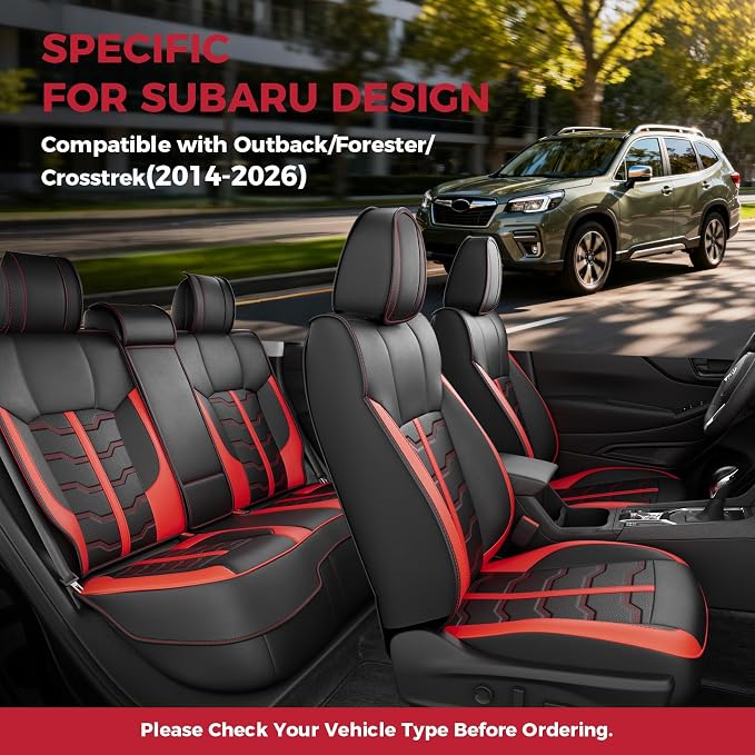 FREESOO Seat Covers for Subaru Outback Forester Crosstrek 2014-2026 Full Set, Waterproof Breathable Leather, Airbag Compatible, Easy Install, BlackRed