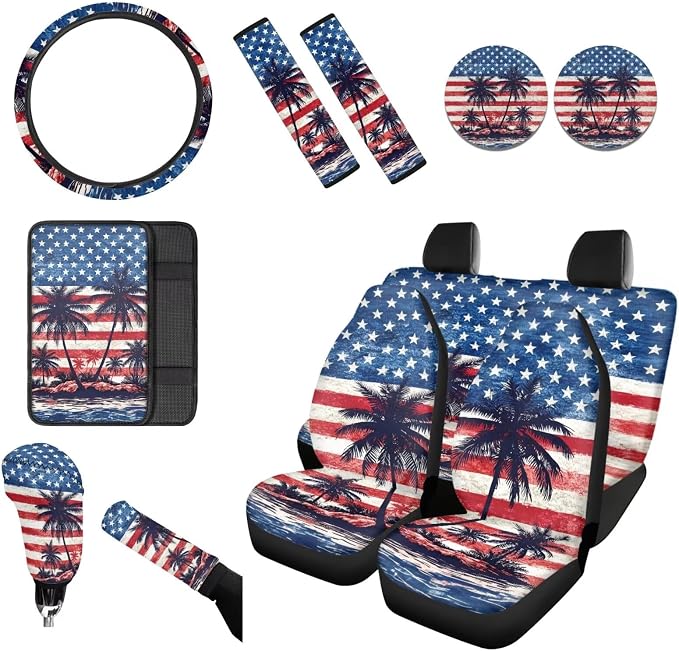 Wanyint Car Seat Cover Full Set 12 PCS, with Steering Wheel Seat Belt Strap Armrest Pad Handbrake Cover Gear Shift Cover Coasters Universal Fit for 4th of July, Hawaiian Palm Tree US Flag
